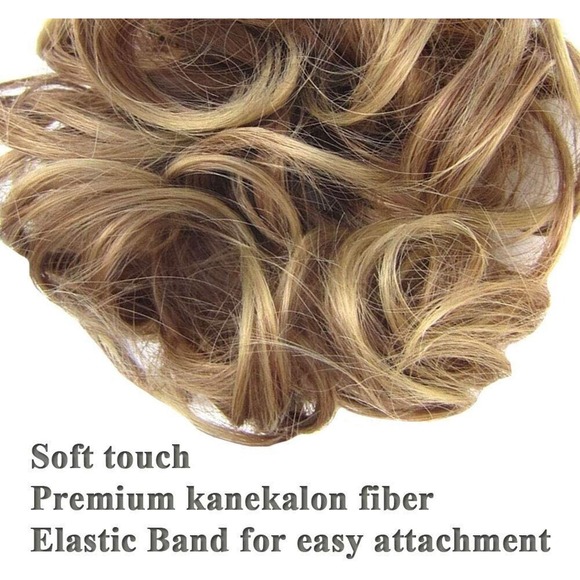 2 PCS Hair Bun Extensions Wavy Curly Messy Donut Chignons Brown & Golden Blonde - Picture 3 of 5